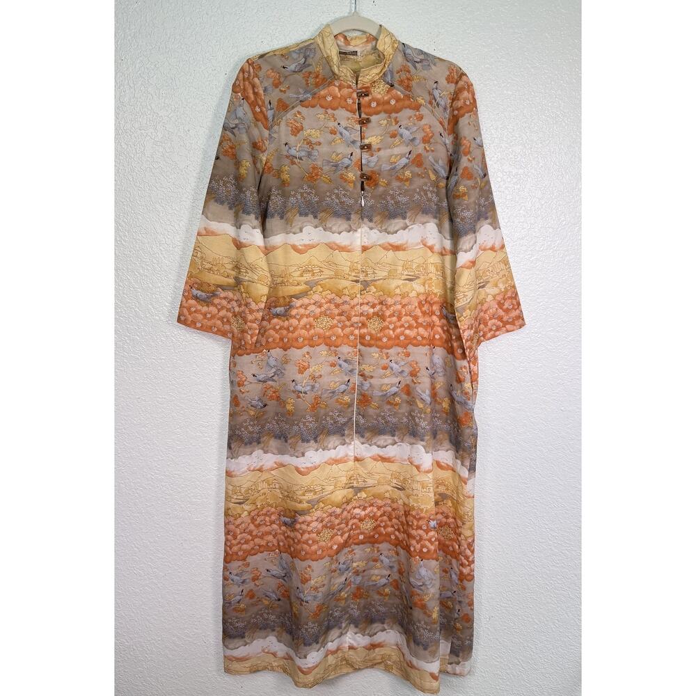 Vintage Loungees Dress Womens 12 Scenic Bird Floral Kaftan Maxi Boho Housecoat